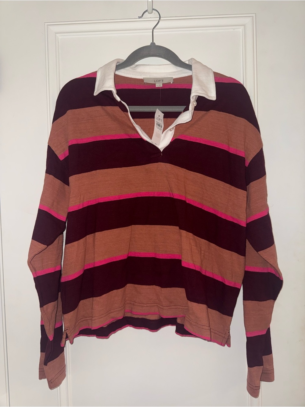 NWT | LOFT Burgundy, Brown & Pink Striped Rugby Polo with White Collar
